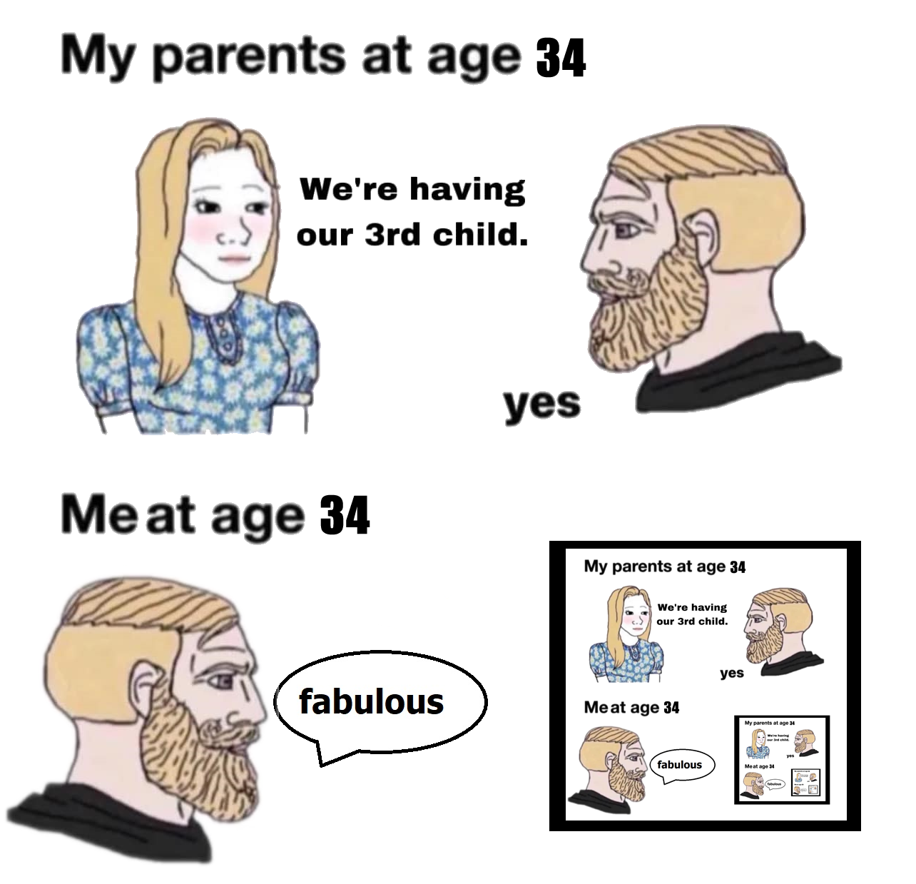 The meme is a comic strip with two panels. The first panel features a character with a caption "My parents at 34" and the second panel features the same character with a caption "Me at 34". The text in the second panel reads "We're having our 3rd child" and the character responds with "We're having our 3rd child". The character then responds with "We're having our 3rd child" and the character responds with "We're having our 3rd child".